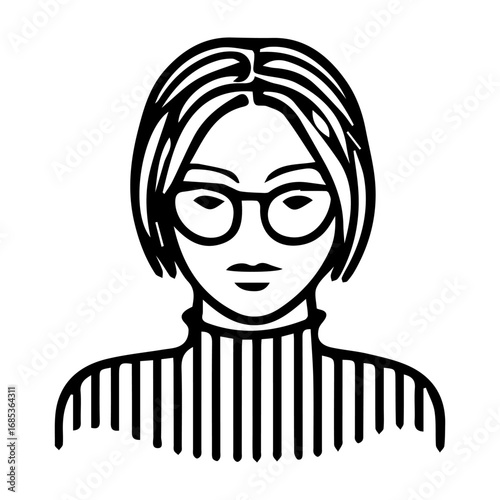 A woman with glasses and a striped sweater. She is wearing glasses and has a short haircut. The image is black and white