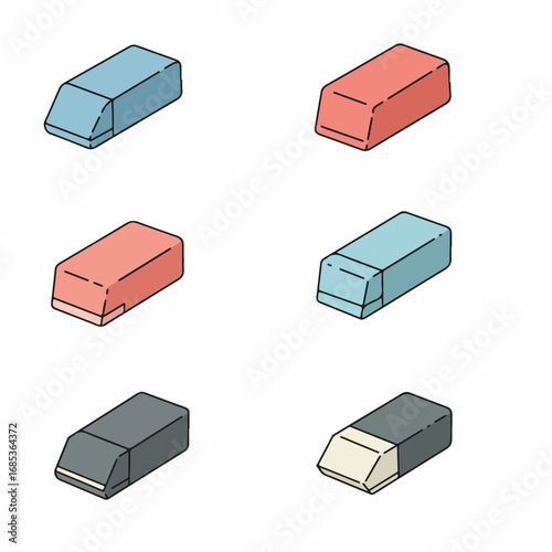 Set of isometric erasers in blue, red, and grey, an illustration for school, office, and art supplies, isolated on a white background.