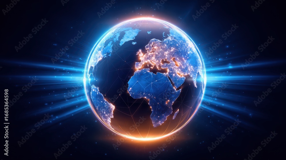 Obraz premium A vibrant depiction of Earth illuminated by glowing lines, showcasing continents and an aura of light, symbolizing global connectivity and innovation.