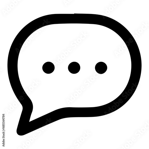 A black and white drawing of a speech bubble with three dots in the middle. The speech bubble is open and the dots are arranged in a triangle. Concept of communication and conversation