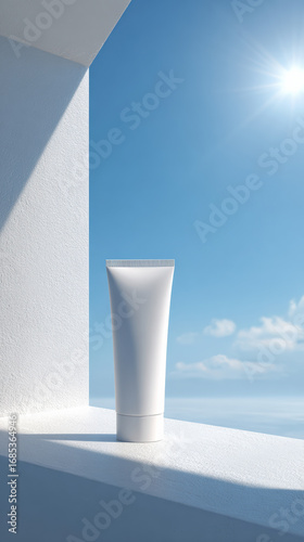 Realistic sunscreen tube stands elegantly on ledge, bathed in sunlight against clear blue sky. serene atmosphere evokes sense of calm and protection from sun rays