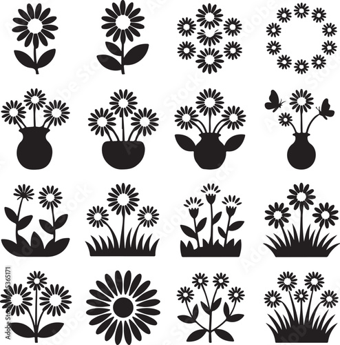 Flower icons with daisies in vases and grass on white background Keywords: flower, daisy, floral