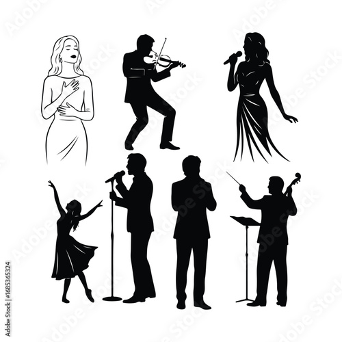 Diverse performers and musicians in silhouette and line art style performance singer