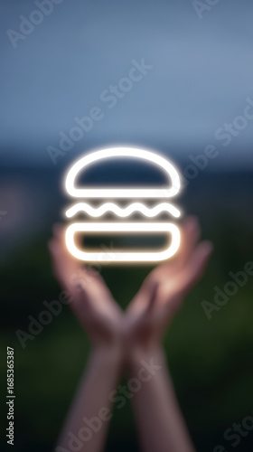 Food delivery online order, food delivery online order concept with glowing burger icon floating above hands in blurred background