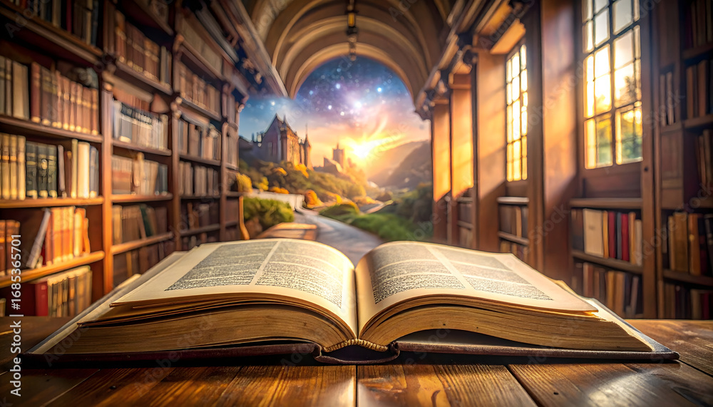 A thick book opens to reveal a fantasy world beyond