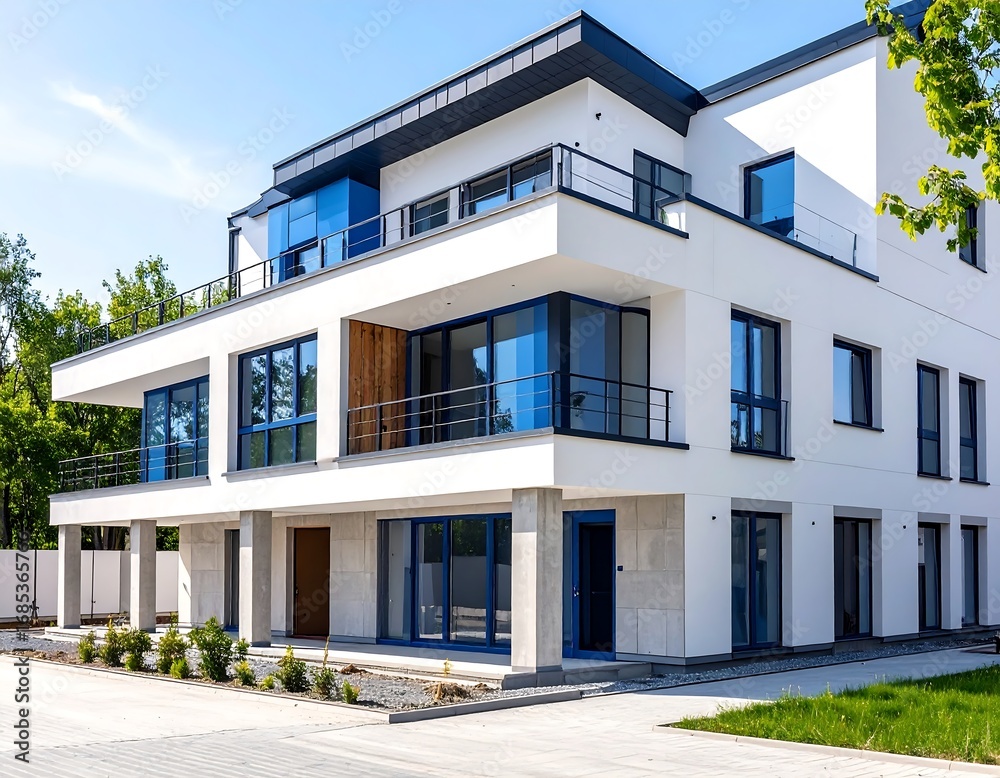Fototapeta premium Modern white apartment building on sunny day