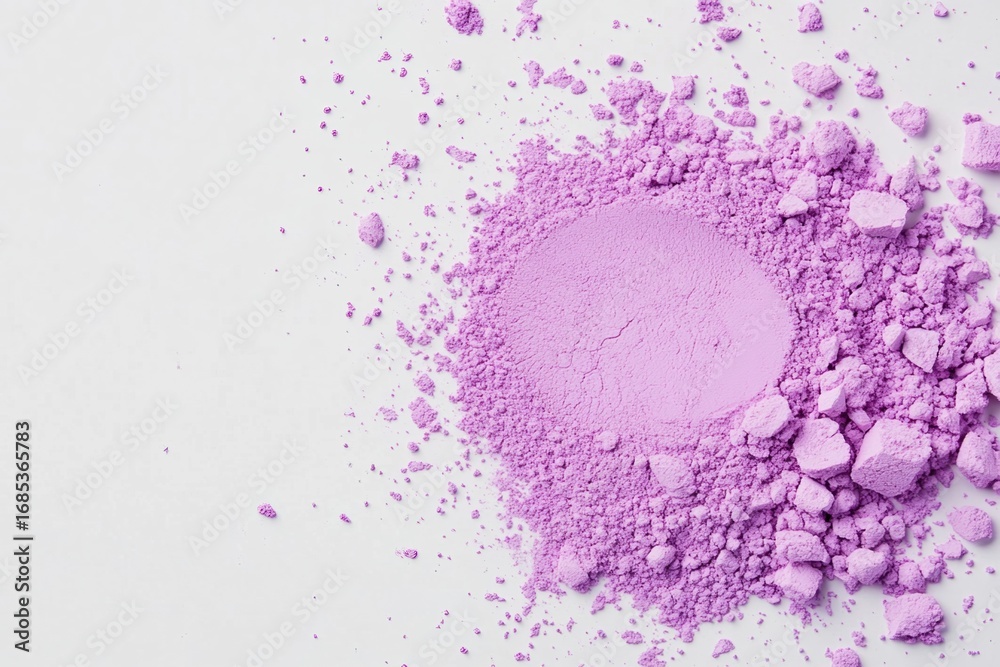 Obraz premium Purple powder pigment creating cosmetic texture and vivid makeup color, scattered on clean background for beauty or art surfaces