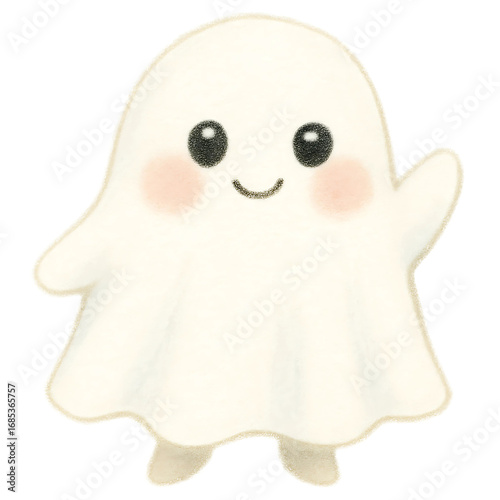 Cute cartoon ghost isolated on white background. Hand drawn illustration. Cute Waving Ghost Halloween Illustration