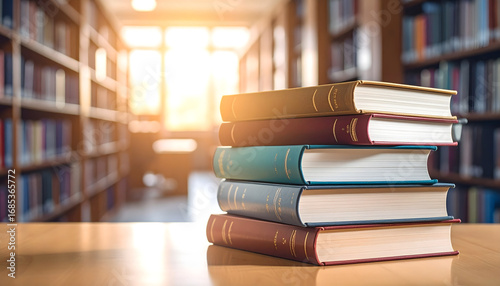 A scene of a library with a few books on a table in a sunny day
