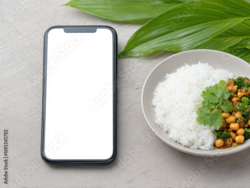 Food delivery online order, Smartphone rice chickpea food delivery online order plate cilantro green leaf healthy vegetarian meal table technology