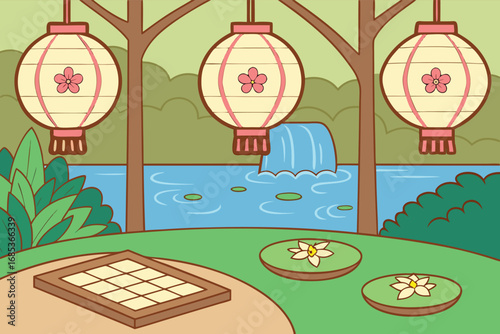 Traditional Asian lantern garden with serene waterfall and lily pads enhances peaceful atmosphere