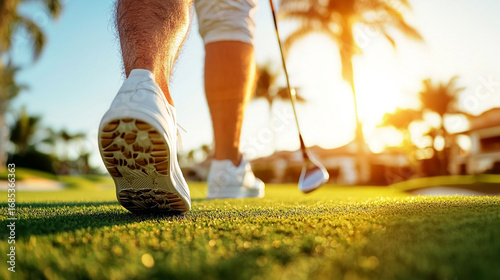 Golfer Walking on Green Grass Golf Course at Sunset with Palm Trees in Background