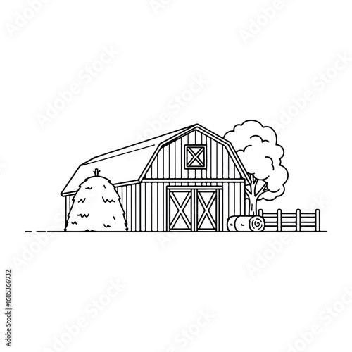 Barn with Haystack Tree and Fence Line Drawing farm agriculture