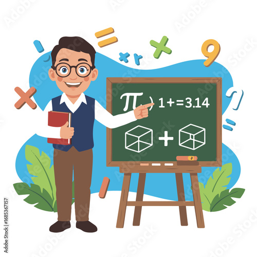 A smiling male teacher pointing at a blackboard with math equations and geometric shapes, isolated on white background technology background