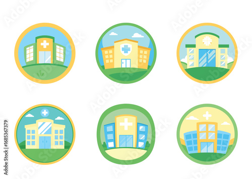 A collection of six minimalist hospital icons inside circular emblems