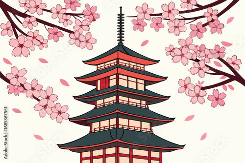 Detailed Asian pagoda structure surrounded by blooming pink cherry branches creates a tranquil scene
