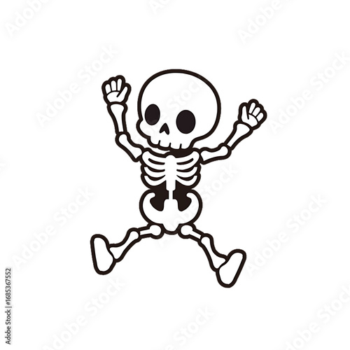 Playful cartoon skeleton jumping with arms raised against a solid black background