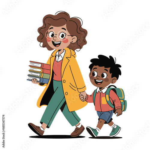 A smiling teacher with glasses and curly hair walks with a young student holding hands, both isolated on white background technology background