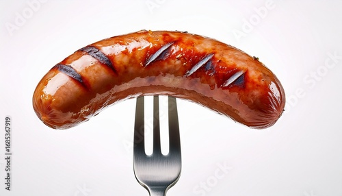 a delicious grilled sausage is held by a shiny silver fork isolated on a white background for use as a clean