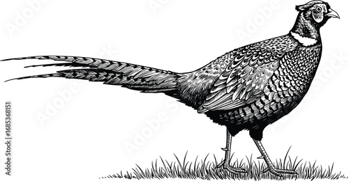 Hand drawn pheasant illustration, vintage style bird artwork, realistic wild game bird, long tail feathers, nature wildlife vector sketch