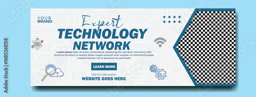 Modern technology network event featuring a confident man in a blue futuristic design with abstract elements