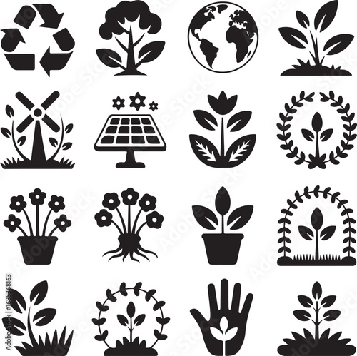 Environmental and nature conservation icons in black and white recycle
