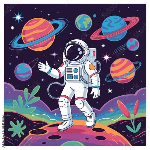 Astronaut exploring a colorful alien planet with rings, stars, and nebulae in outer space technology background