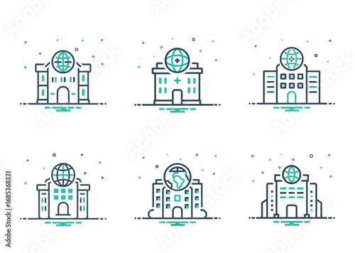 Collection of six world related building icon illustrations with global themes