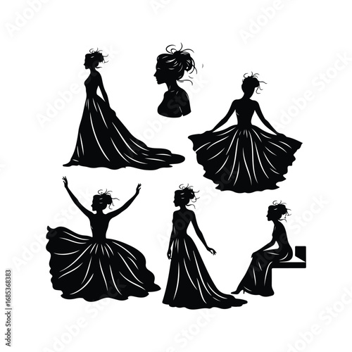 Black silhouettes of women in flowing dresses in various poses woman female