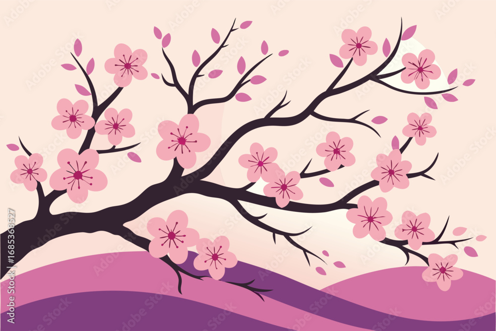 Fototapeta premium Elegant cherry blossom tree with pink blooms graces rolling lavender hills landscape