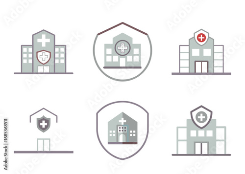 Collection of stylized hospital building icons offering safety and security elements