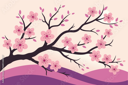 Elegant cherry blossom tree with pink blooms graces rolling lavender hills landscape