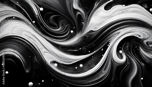 beautiful black and white liquid swirls with white particles luxurious art wallpaper generative ai