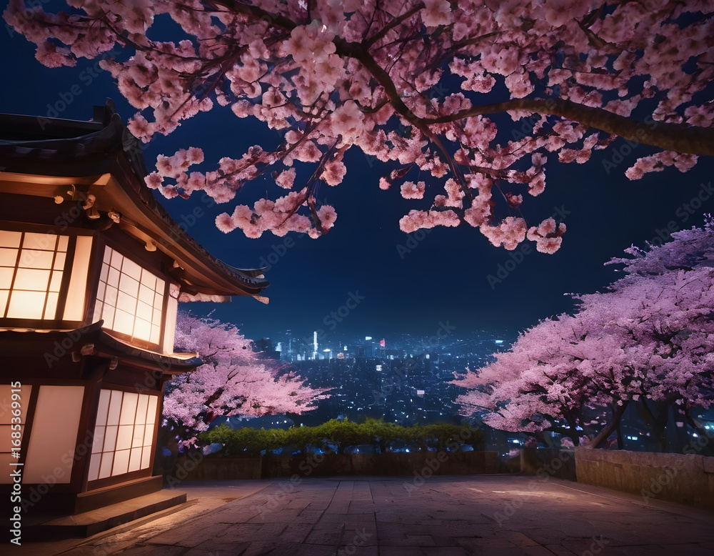 Obraz premium Fantasy night city Japanese landscape, neon light, residential buildings, big sakura tree. Night urban fantasy background. 3D illustration., night view of the city