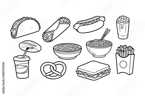 Collection of black and white line art fast food and snack illustrations taco burrito
