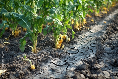 Soil degradation scene with cracked, dry farmland and wilted crops struggling to grow