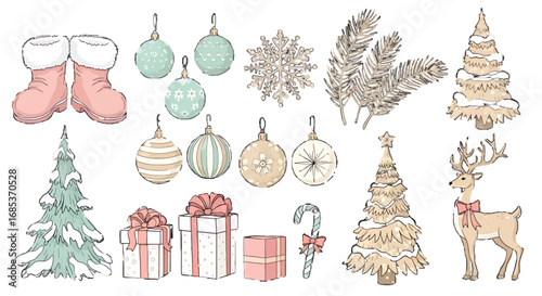 Hand-drawn Christmas elements cute reindeer, trees, ornaments, gifts, and more!