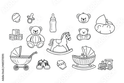 Black and white line art collection of baby items and toys infant newborn