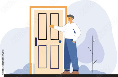 Man knocking on wooden door illustration, person standing at front door, cartoon flat design clipart, house entrance vector, visitor knocking at home doorway graphic