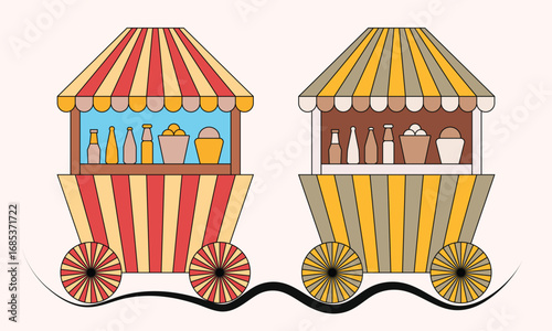 Two Street Stall Hand Push Truck Food Shop Snacks Vector Illustration
