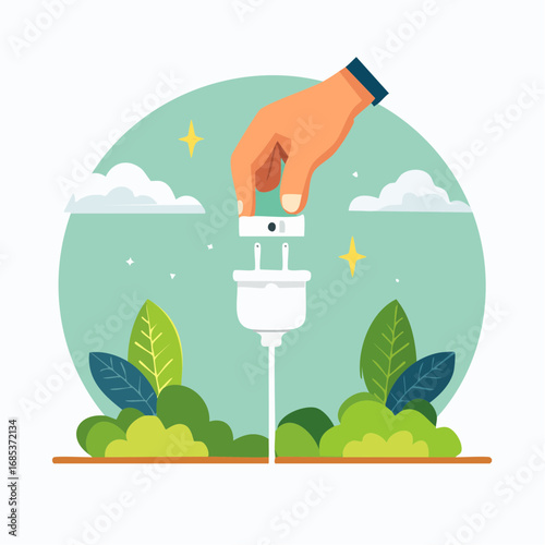 Hand Connecting Electrical Plug To Grounded Source In Nature Scene