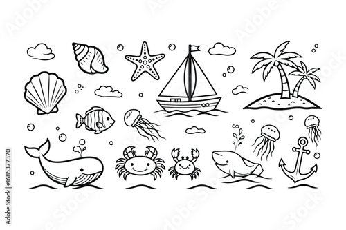 Cute cartoon ocean life and beach elements collection with whale crab jellyfish sailboat and island summer