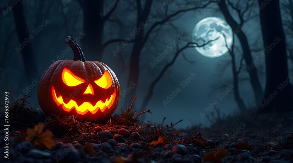 Fototapeta premium Jackolantern glows menacingly in a dark, foggy forest on halloween night