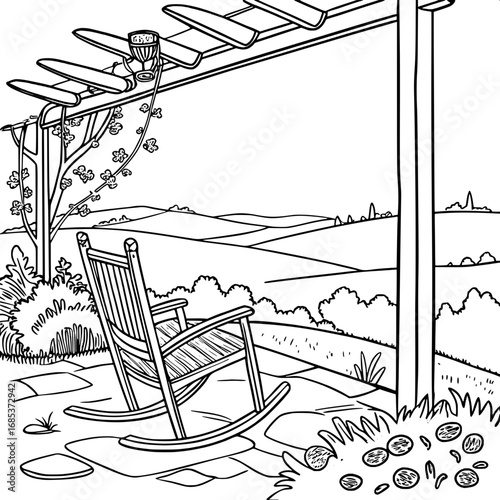 A traditional woven rope rest chair placed in a countryside veranda.