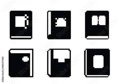 Collection of pixelated black and white book icons for digital library