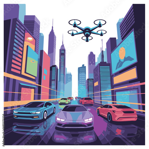 Futuristic cityscape with autonomous cars and a drone flying overhead technology background