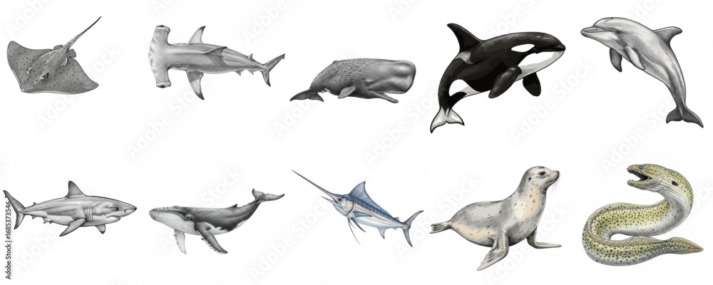 Fototapeta premium Set of various sea animals including shark, dolphin, cachet, moray eel, stingray, fur seal etc. for educational purposes and ocean conservation campaigns
