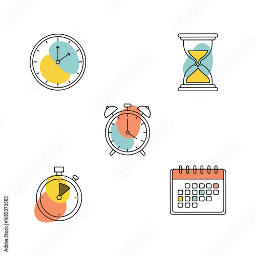 Collection of five timekeeping icons including clocks hourglass stopwatch and calendar vector