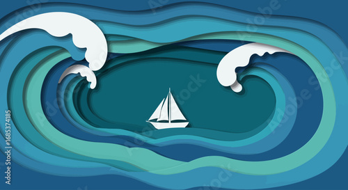 Paper Art Ocean Waves with Sailboat
