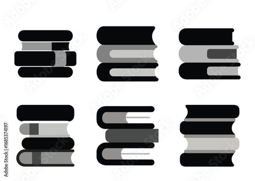 Illustrative Stacks of Books in Black and Gray Tones on White Background